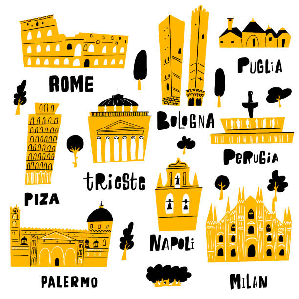 illustrazioni stock, clip art, cartoni animati e icone di tendenza di architettura della città italiana e principali attrazioni turistiche. illustrazione vettoriale in stile doodle. - milan city