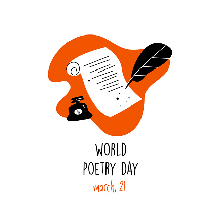 World poetry day, march 21.Vector illustration of feathe, manuscript and ink. Ideal for greeting card, poster, banner.