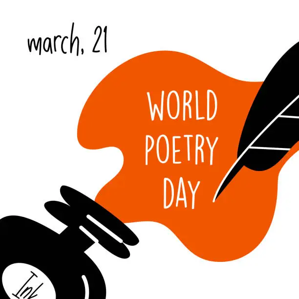 Vector illustration of World poetry day, march 21. Vector illustration of inkwell and feather. Modern desugn,
