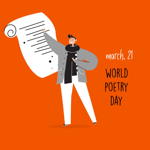 illustrations, cliparts, dessins animés et icônes de journée mondiale de la poésie, 21 mars. illustration de vecteur de l’homme récitant un poème. - pen literature quill pen ink well