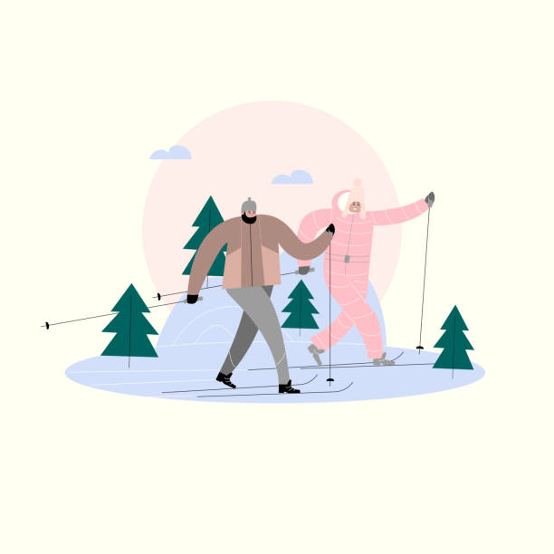 ilustrações de stock, clip art, desenhos animados e ícones de vector illustration of man and woman skiing in the winter forest. - winter men joy leisure activity