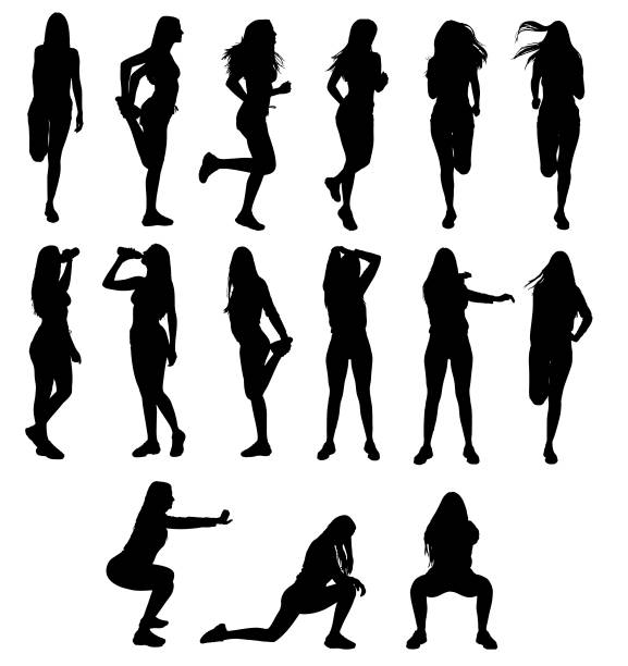Set of various active sport woman stretching jogging running and drinking water silhouettes vector art illustration