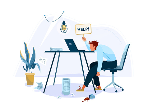 Tired male office worker sitting on the chair and request help. Burnout concept vector background. Business flat cartoon illustration isolated on white backdrop.