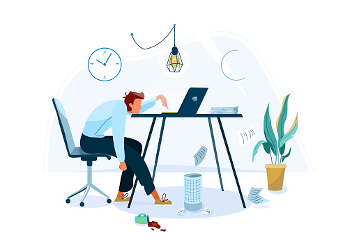 Burnout concept vector background. Tired male office worker sitting on the chair and trying work at the computer. Business flat cartoon illustration isolated on white backdrop