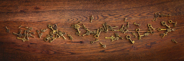 istock Magical bronze keys on a wooden oak surface 1208346823