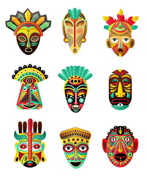 Set of colorful ethnic, african, mexican mask, ritual element Set of colorful ethnic, african, mexican mask, ritual people wood element. Cartoon style. Vector illustration on white background ritual mask stock illustrations