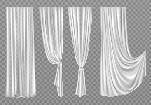 White curtains set isolated on transparent background. Folded cloth for window decoration, soft lightweight clear material, fabric hangings drapery of different forms. Realistic 3d vector illustration