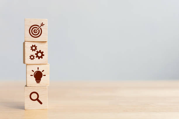 istock Concept of business strategy and action plan. Wood cube block stacking with icon 1208347251