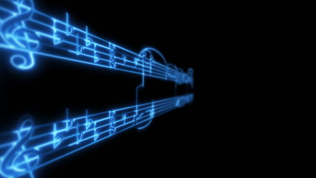Blue glowing neon composition sheet music on a black background