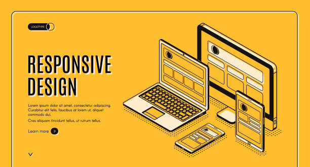 Responsive design landing page, page construction Responsive design landing page, tablet, laptop, computer, mobile desktop, web application development and page construction for different devices. Isometric 3d vector illustration, banner, line art landing page illustrations stock illustrations