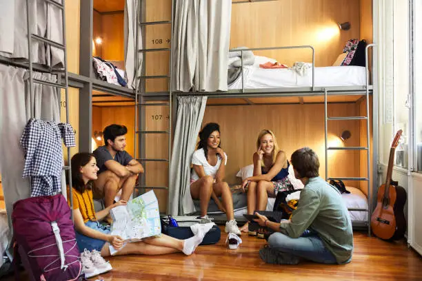 Young friends planning trip by bunkbeds. Male and female backpackers are discussing in dorm room. They are enjoying at hostel.