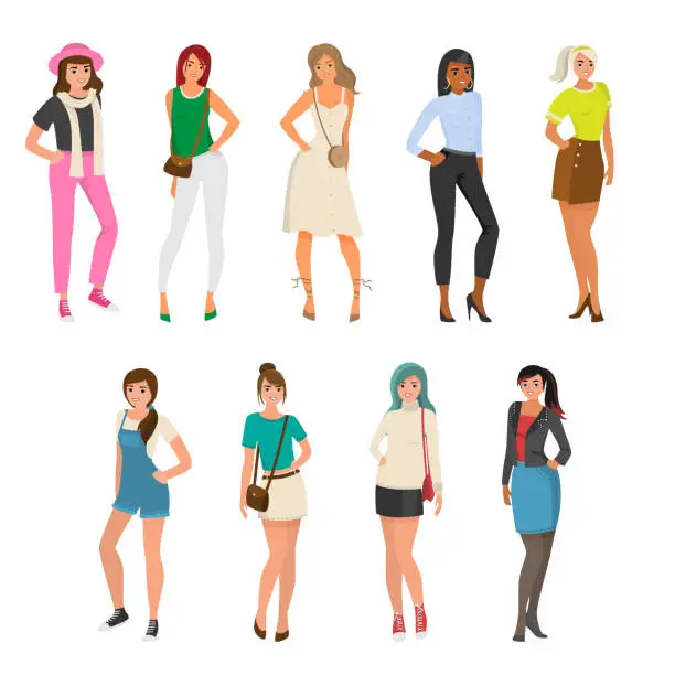 Vector illustration of Set of cute, sexy girl in different fashion clothes