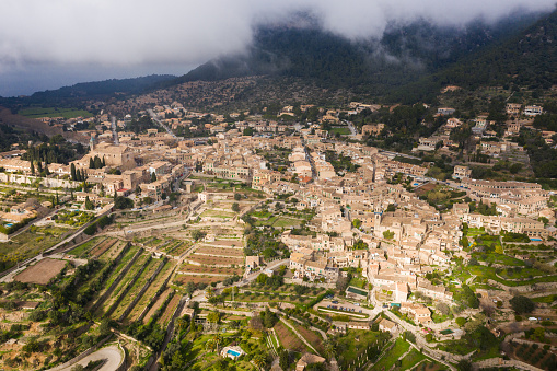 Aerial view of the old resort town Valldemossa in Mallorca, Spain