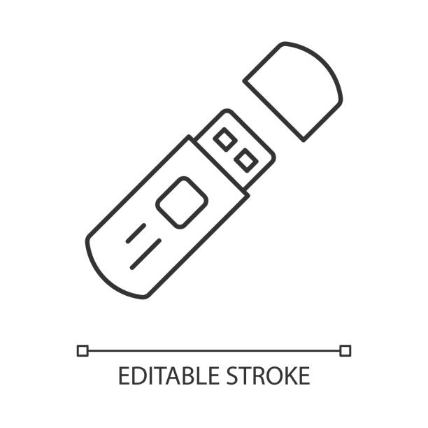 usb флэш-накопитель, внешний значок хранения данных. электронное устройство тонкая иллюстрация линии. символ контура аксессуаров пк. компак� - usb cable drive usb flash drive flash stock illustrations