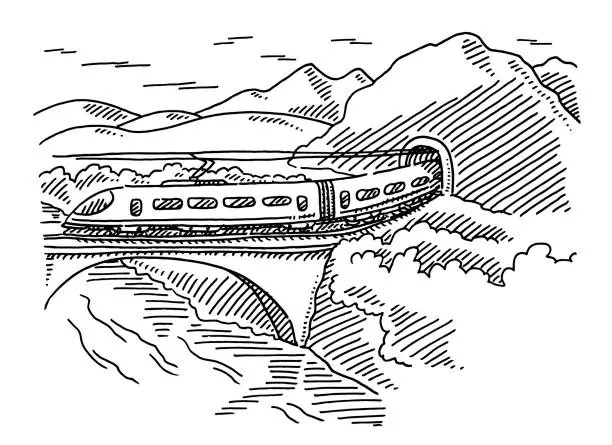 Vector illustration of Modern Train Bridge Tunnel Landscape Drawing