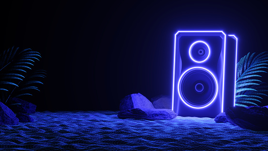 Sound speaker in neon light in beach. Futuristic night party banner concept. Summer party. Cyberpunk poster.  Party invitation. Promotion template. 3d illustration. 3d render.