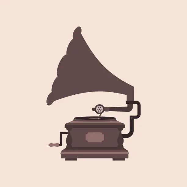 Vector illustration of Brown vintage record player on the beige background. Elegant brass antique gramophone.