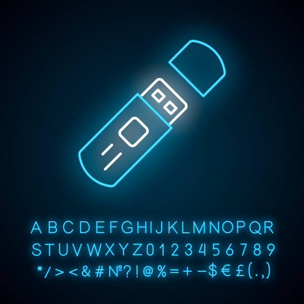 illustrazioni stock, clip art, cartoni animati e icone di tendenza di icona della luce al neon dell'unità flash usb. segno incandescente con alfabeto, numeri e simboli. illustrazione isolata del vettore di archiviazione dei dati esterni. dispositivo elettronico, accessorio per pc. memoria compatta, chiave crittografica - usb cable usb flash drive flash memories