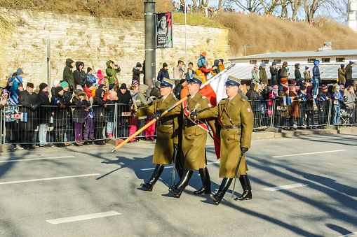 Soldiers of the Polish Army during ceremony.\nDuring the ceremony. General Anders' birthday celebration in Jordan Park in Krakow