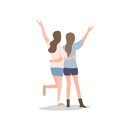 Two happy, young girlfriend embrace and move hands up, back view. Flat style. Vector illustration on white background