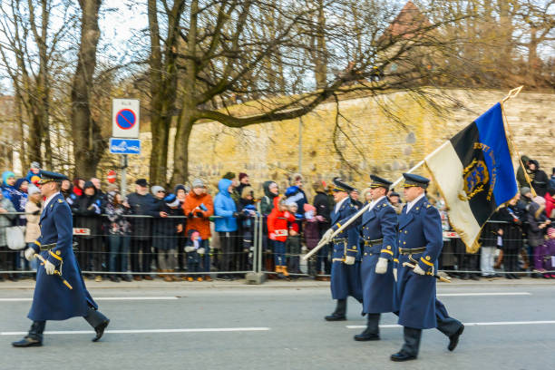 Celebration of the Estonian Independence Day: military parade in the center of Tallinn, the marching soldiers
