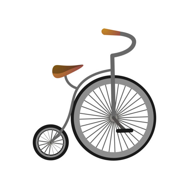 Old vintage high bicycle with one big wheel and seat Old vintage high bicycle with one big wheel and leather seat. Cartoon style. Vector illustration on white background penny farthing bicycle stock illustrations