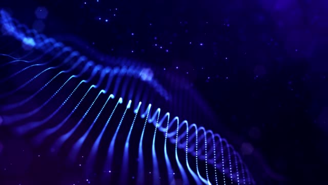 4k looped science fiction particle background with bokeh and light effects. Glow blue particles form lines, surfaces, complex structures in smooth motion like in the microworld or space. 2