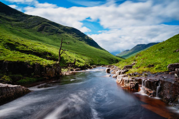 Glen Etive In The Scottish Highlands The River Etive flows down Glen Etive. A long exposure captures the water flowing through one spot where the river narrows. glen etive photos stock pictures, royalty-free photos & images
