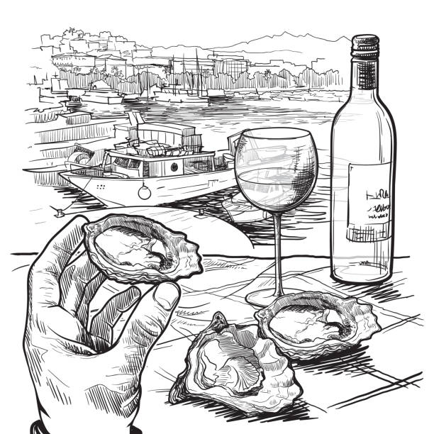 Still life drawing witha a hand holding oyster a bottle of white wine and a couple of oysters laying on a table. Panorama of La Spezia, Italy. Linear sketch isolated on white background Still life drawing witha a hand holding oyster a bottle of white wine and a couple of oysters laying on a table. Panorama of La Spezia, Italy. Linear sketch isolated on white background EPS10 vector spezia stock illustrations