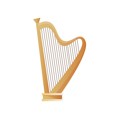 Old ancient musical instrument wood harp with many strings, for concert. Cartoon style. Vector illustration on white background