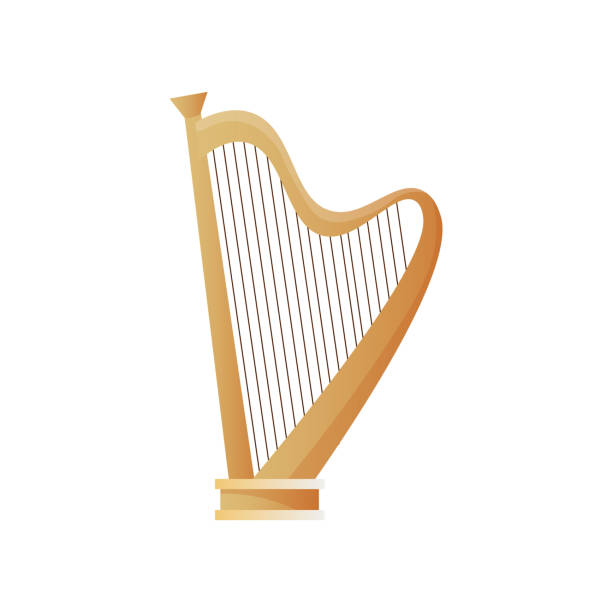 Old ancient musical instrument wood harp with many strings Old ancient musical instrument wood harp with many strings, for concert. Cartoon style. Vector illustration on white background harp stock illustrations