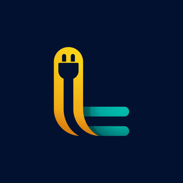 L letter logo with plug cable inside. Vector typeface for electric car identity, technology headlines, charging posters etc. parallel port stock illustrations
