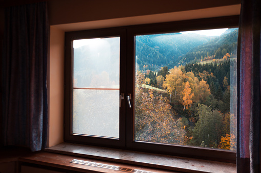 beautiful view of the mountains from the window. beautiful interior\