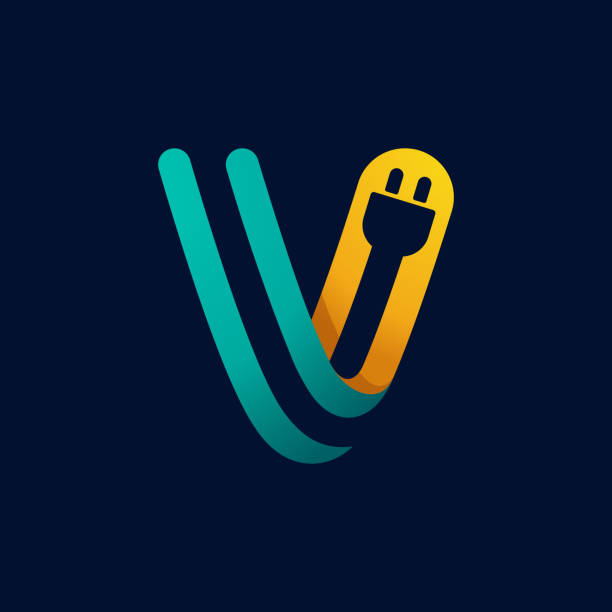 V letter logo with plug cable inside. Vector typeface for electric car identity, technology headlines, charging posters etc. parallel port stock illustrations