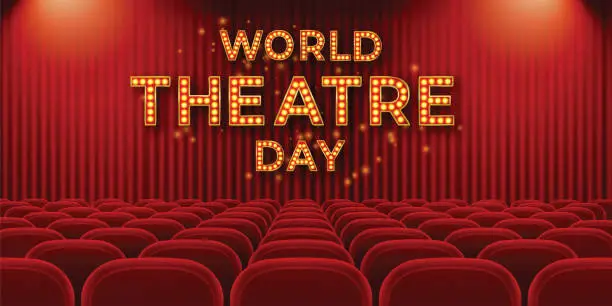Vector illustration of World theatre day concept. Text on stage curtain.