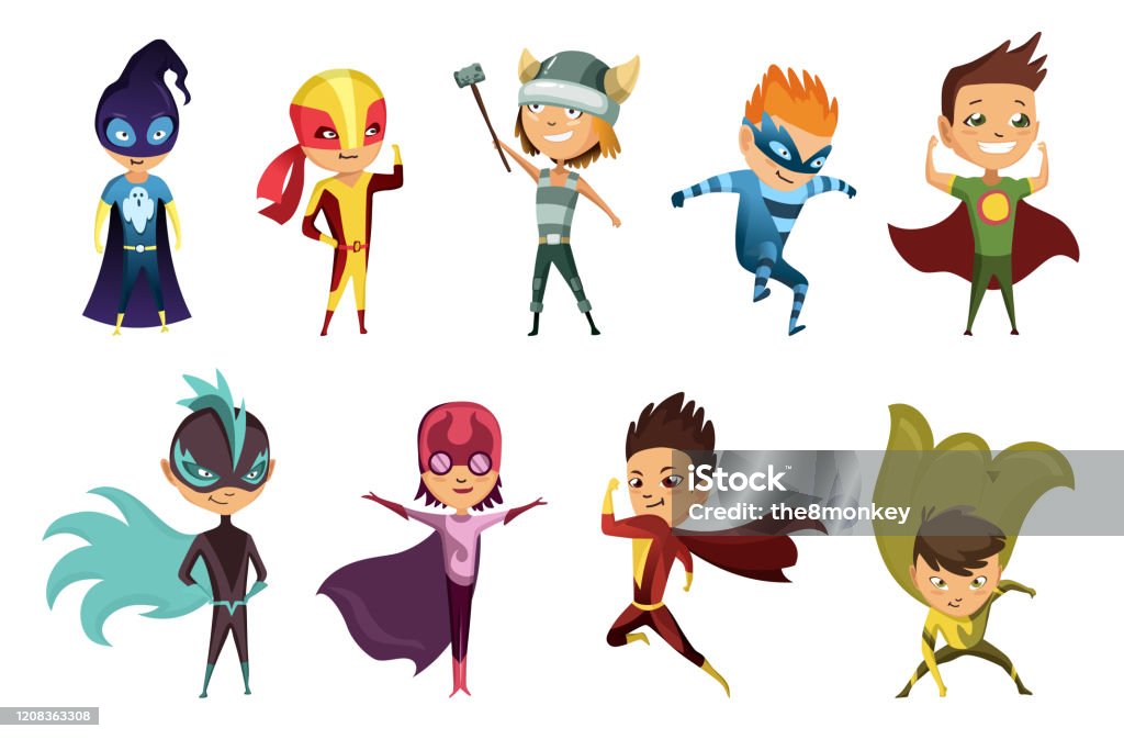 Cute Superhero Kids In Colorful Costumes Kids Dressed As Superheroes Funny  Flat Isolated Vector Design Icons Set On White Background Set Of Kids  Wearing Superhero Costumes With Different Pose Stock Illustration -