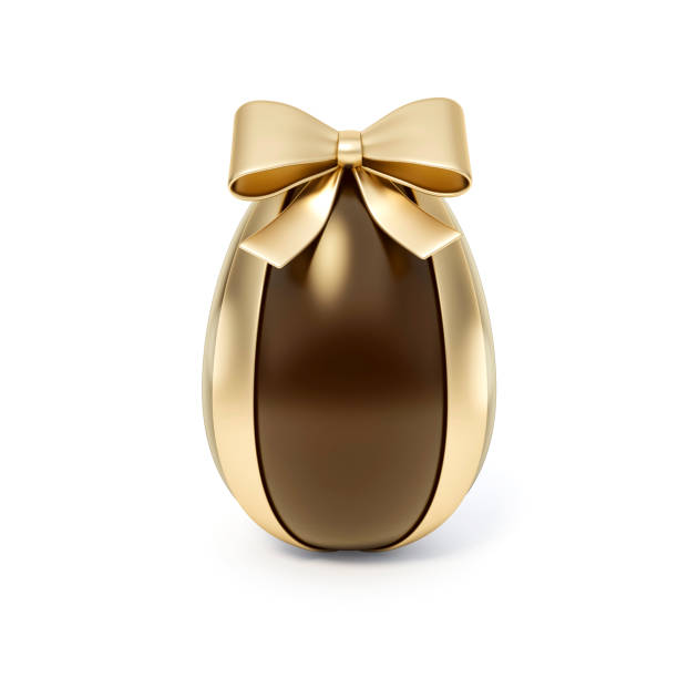 istock Chocolate easter egg with gold bow ribbon isolated on white background 3d rendering. 3d illustration sweet and luxury of easter eggs holiday card template minimal concept. 1208364206