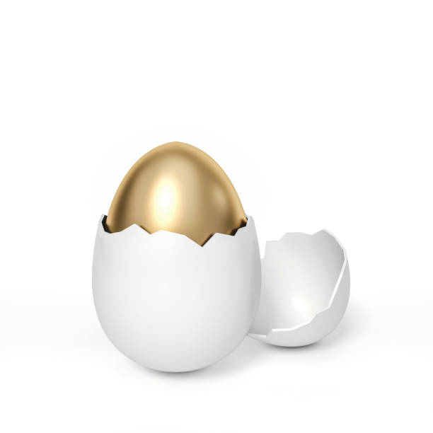 golden easter egg inside white egg with broken shell on white background 3d rendering. 3d illustration luxury of easter eggs holiday card template minimal concept. - wealth eggs animal egg easter egg imagens e fotografias de stock