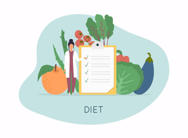 ilustrações, clipart, desenhos animados e ícones de alimentação saudável e planejamento diet, dieta, alimentação.  alimentos saudáveis e conceito de dieta. planeje seu infográfico de refeição com prato e talheres. conceito de ilustração de vetores modernos estilo design plano. - weight reduction plan