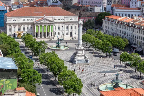 Photo of Top view of the Rosio square in Lisbon, Portugal. The historic city center, Baixa district