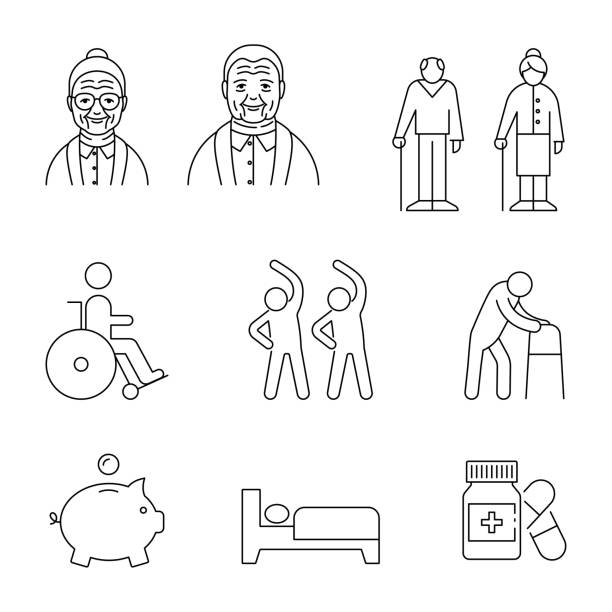 ilustrações de stock, clip art, desenhos animados e ícones de old people vector icons line style - 6646