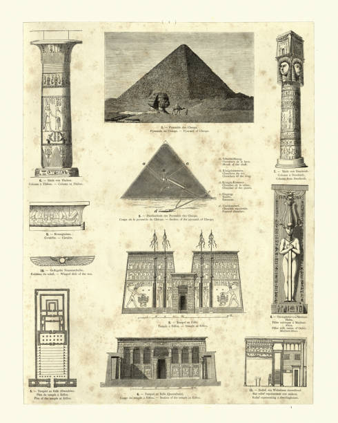 ilustraciones, imágenes clip art, dibujos animados e iconos de stock de ejemplos de arquitectura del antiguo egipto, templo, pirámide, columnas - egypt egyptian culture column ancient egyptian culture