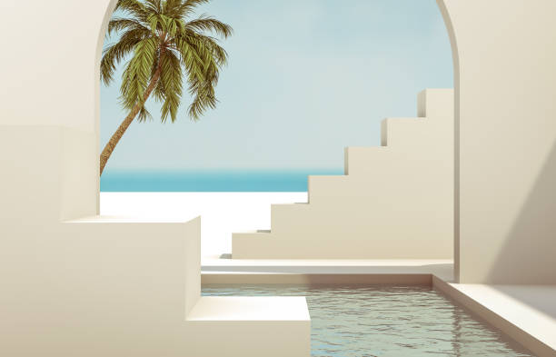 istock Scene with geometrical forms, arch with a podium in natural day light. minimal landscape background. sea view. Summer scene. 1208372907