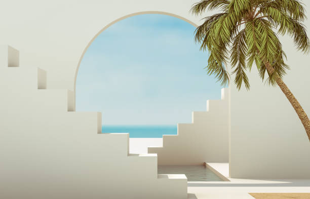istock Scene with geometrical forms, arch with a podium in natural day light. minimal landscape background. sea view. Summer scene. 1208372909