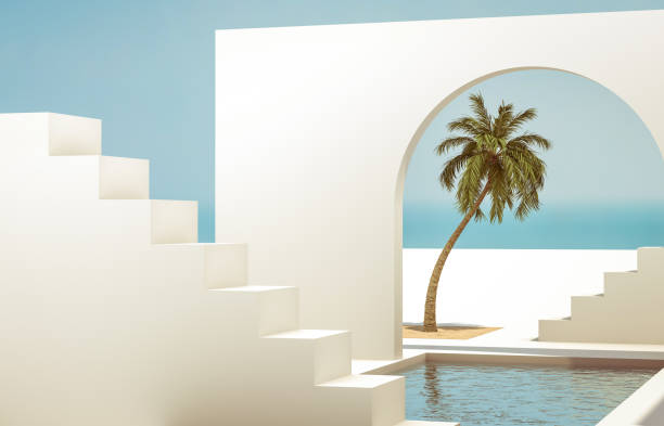 istock Scene with geometrical forms, arch with a podium in natural day light. minimal landscape background. sea view. Summer scene. 1208372912