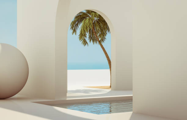 istock Scene with geometrical forms, arch with a podium in natural day light. minimal landscape background. sea view. Summer scene. 1208372913