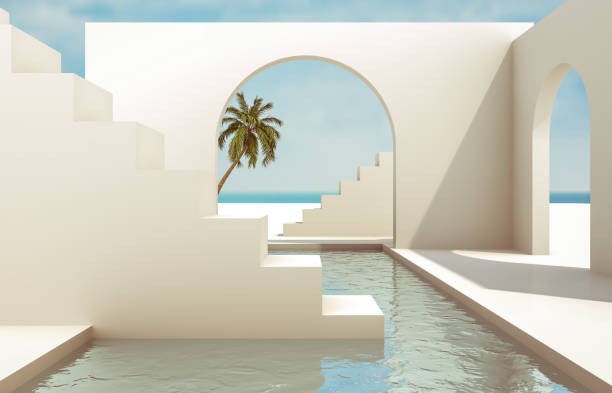 scene with geometrical forms, arch with a podium in natural day light. minimal landscape background. sea view. summer scene. - greece blue house wall imagens e fotografias de stock