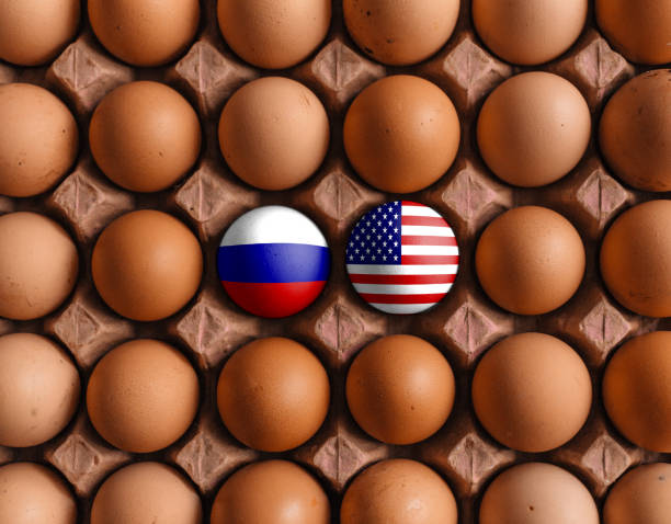 istock USA America an Russia flag flags on eggs with mask 1208373101