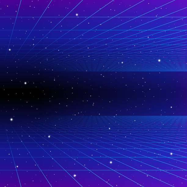 Retro neon background with 80s styled laser grid and stars Retro neon background with 80s styled laser grid and stars from vintage arcade computer games black light party stock illustrations