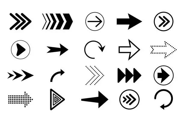 Vector illustration of Black arrows collection isolated on white background. Different arrow shapes for navigation or web download. Direction button signs forward, right, down, repeat narrow. Modern cursor symbols. Vector